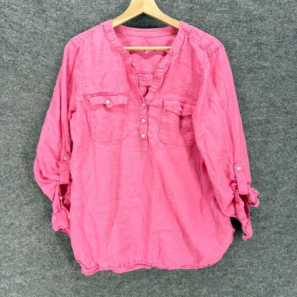 Unbranded Blouse Women M Medium Pink V-Neck Long Sleeve Linen Button Pockets - Picture 1 of 6